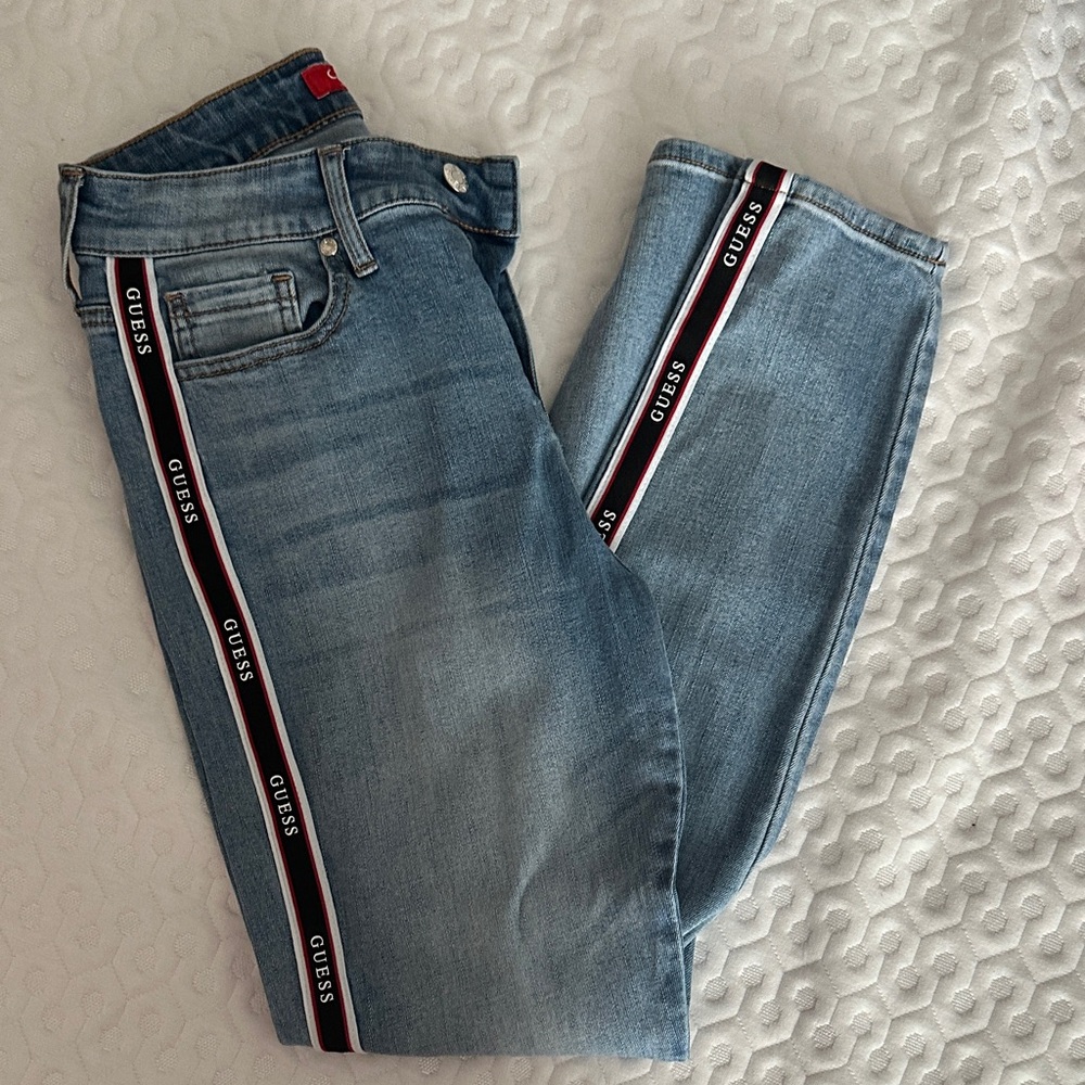 Guess Light Blue Straight Leg Jeans with Black white and red stripe